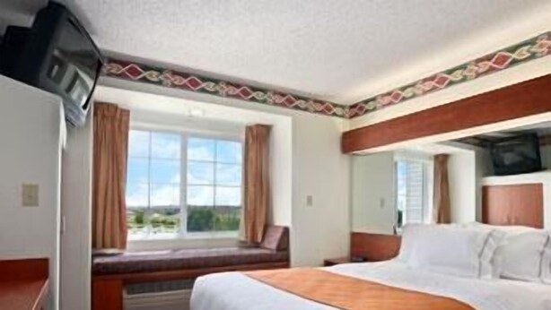 A hotel room with a large bed, a television, a window with curtains, and a view of the outdoors. - Microtel Inn & Suites by Wyndham Pueblo (Pueblo)
