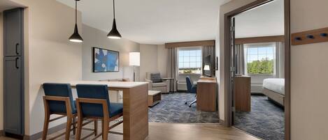 1 bedroom, desk, laptop workspace, blackout curtains