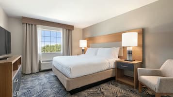 Desk, laptop workspace, blackout drapes, iron/ironing board