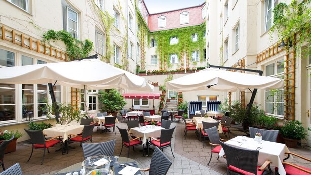 Zona pranzo all'aperto con tavoli e sedie, circondata da piante in vaso e un edificio ricoperto d'edera.
