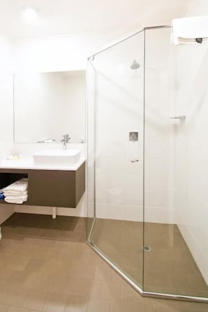 Shower, hair dryer, towels