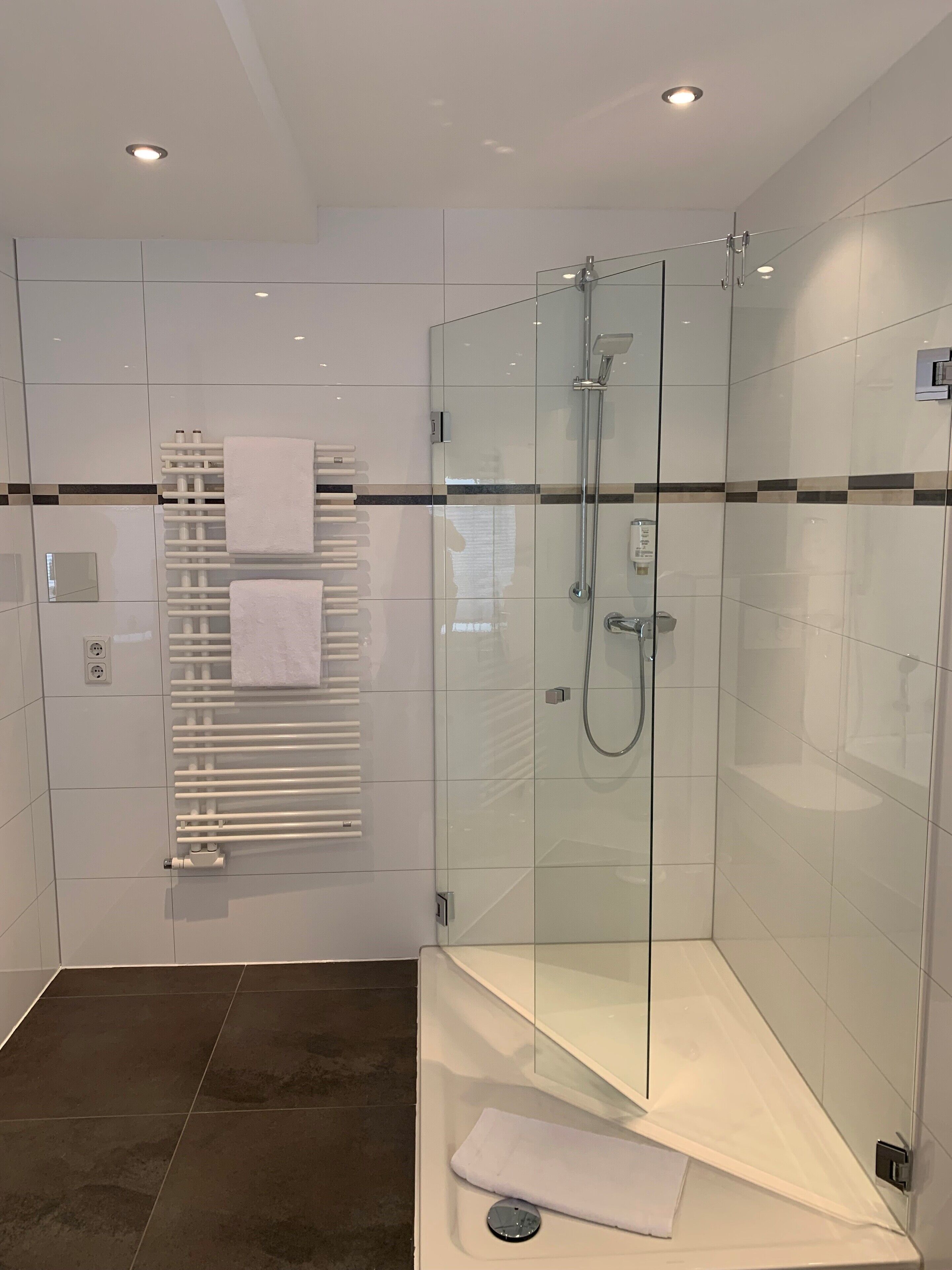 A modern bathroom with a glass-enclosed shower, a white towel rack, and a dark-tiled floor.