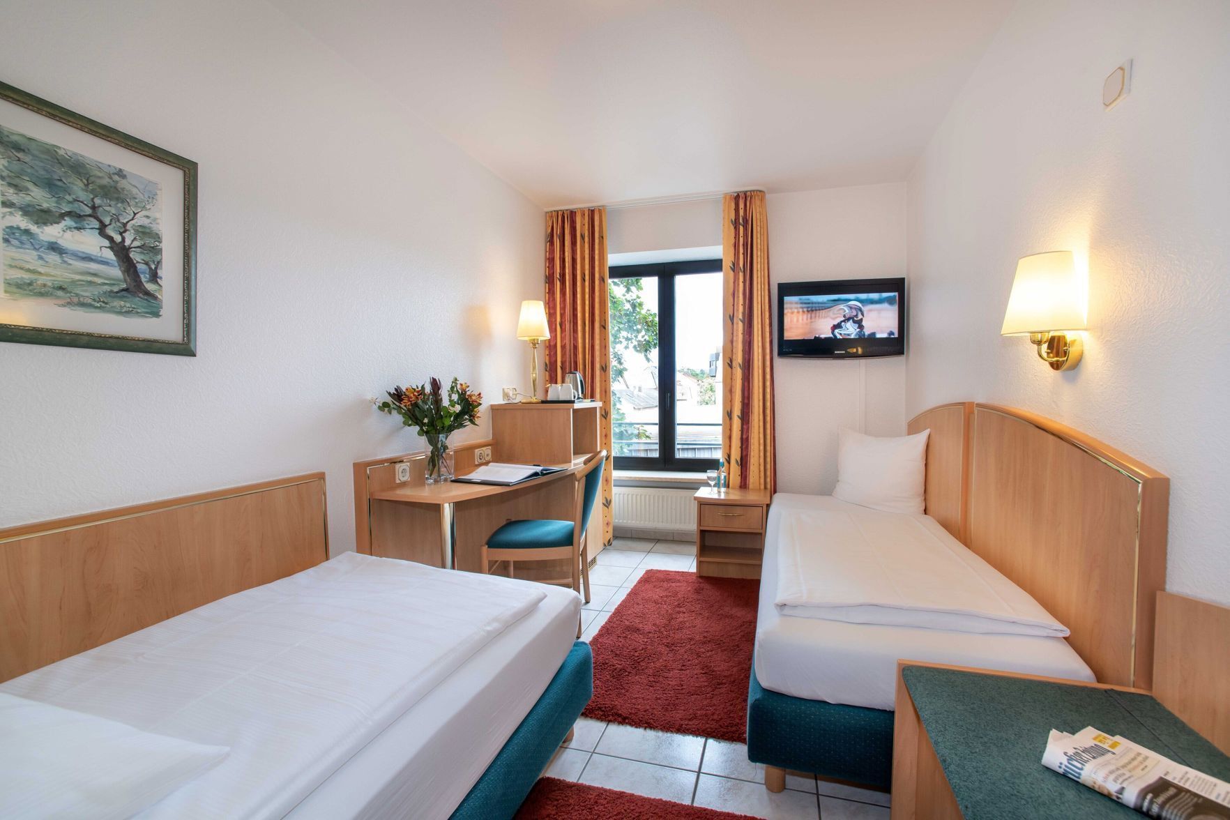 Desk, laptop workspace, free WiFi, bed sheets