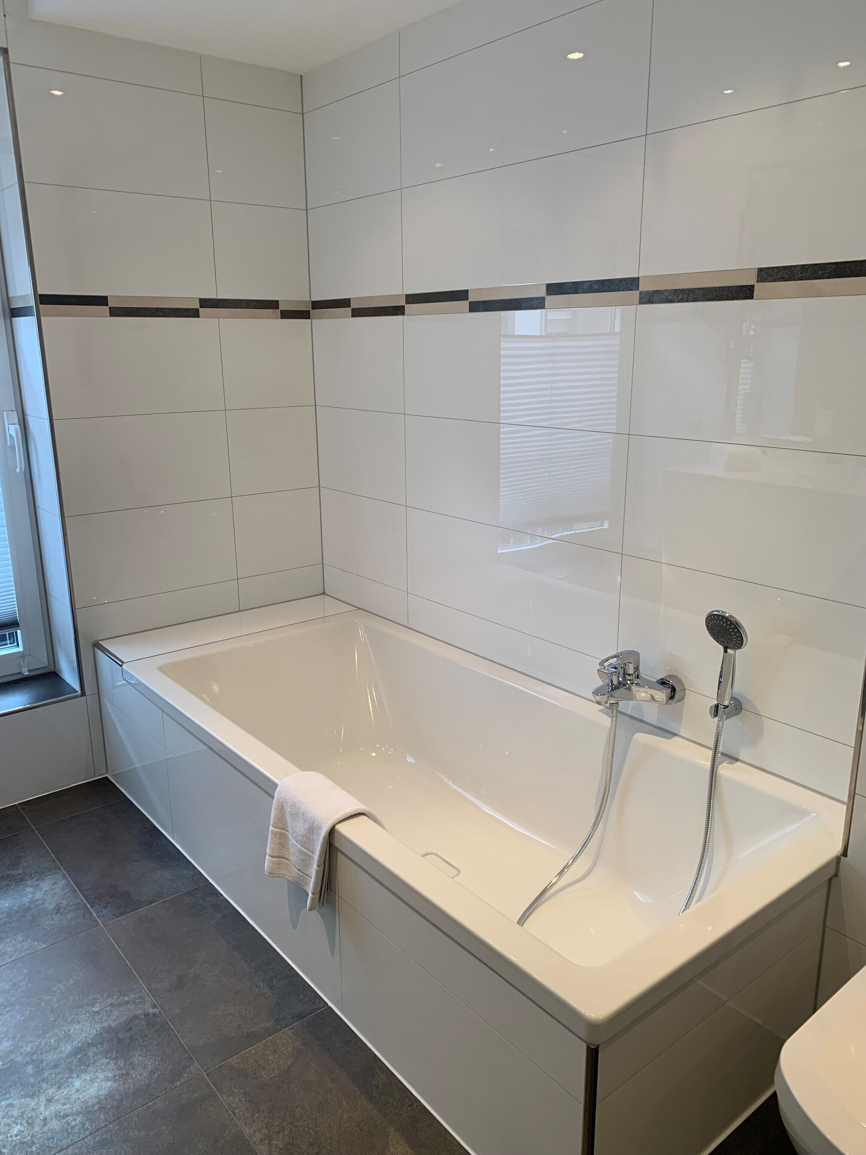 A modern bathroom with a large bathtub, a shower, and a toilet.