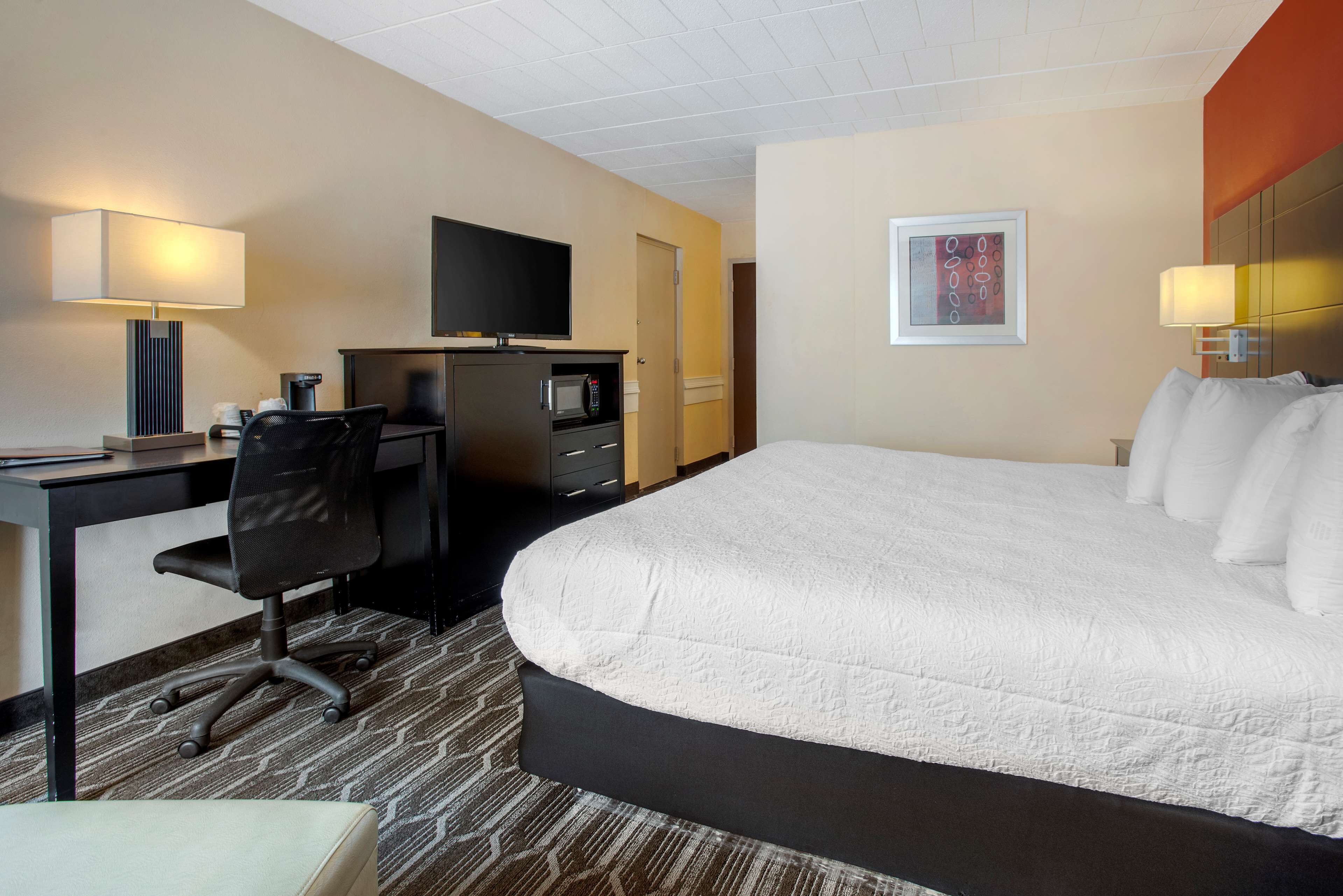 A hotel room with a large bed, a desk with a chair, a television, a microwave, and a framed picture on the wall.