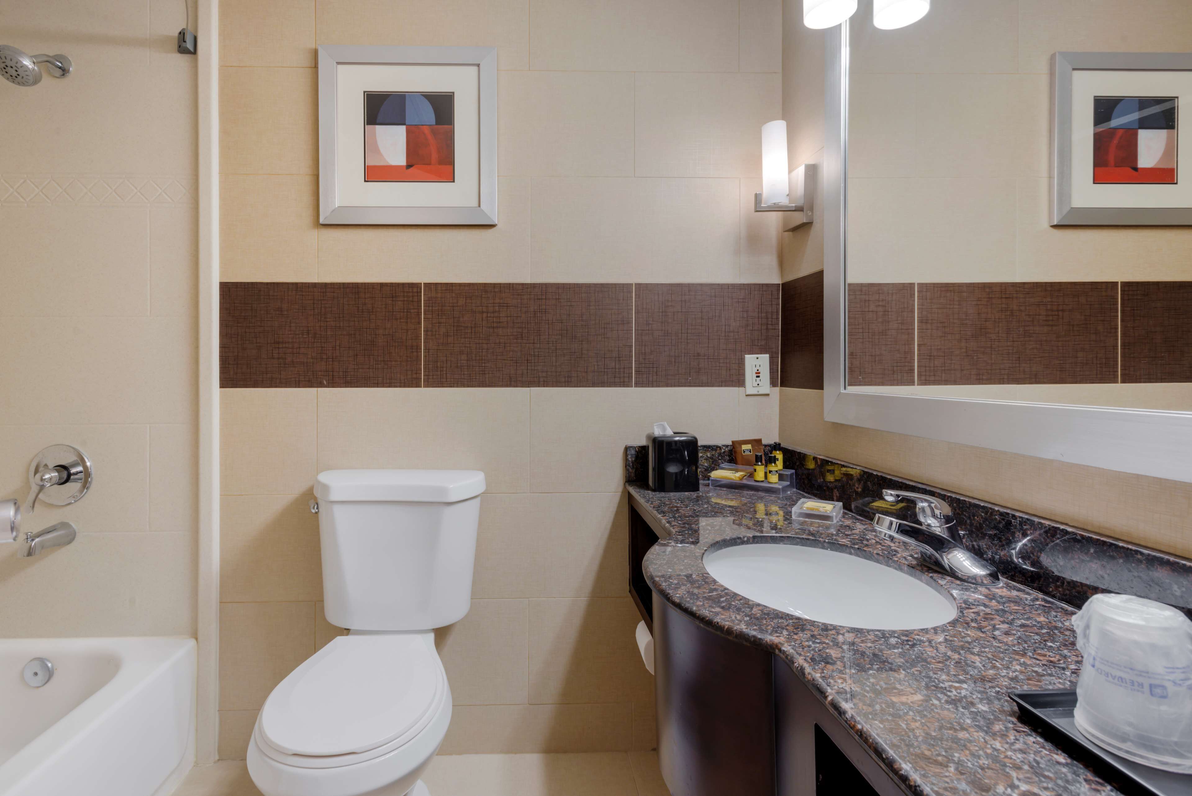 A modern bathroom with a toilet, sink, and shower.