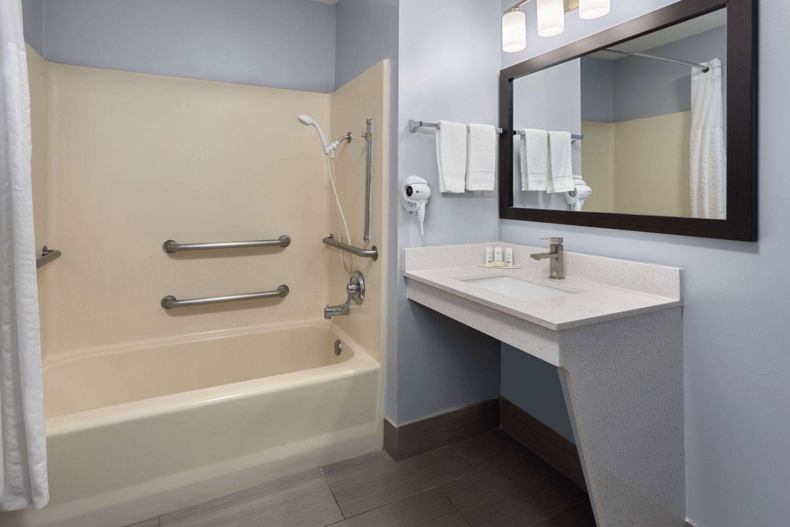 Une salle de bain avec une baignoire, un lavabo, un miroir et un porte-serviettes.