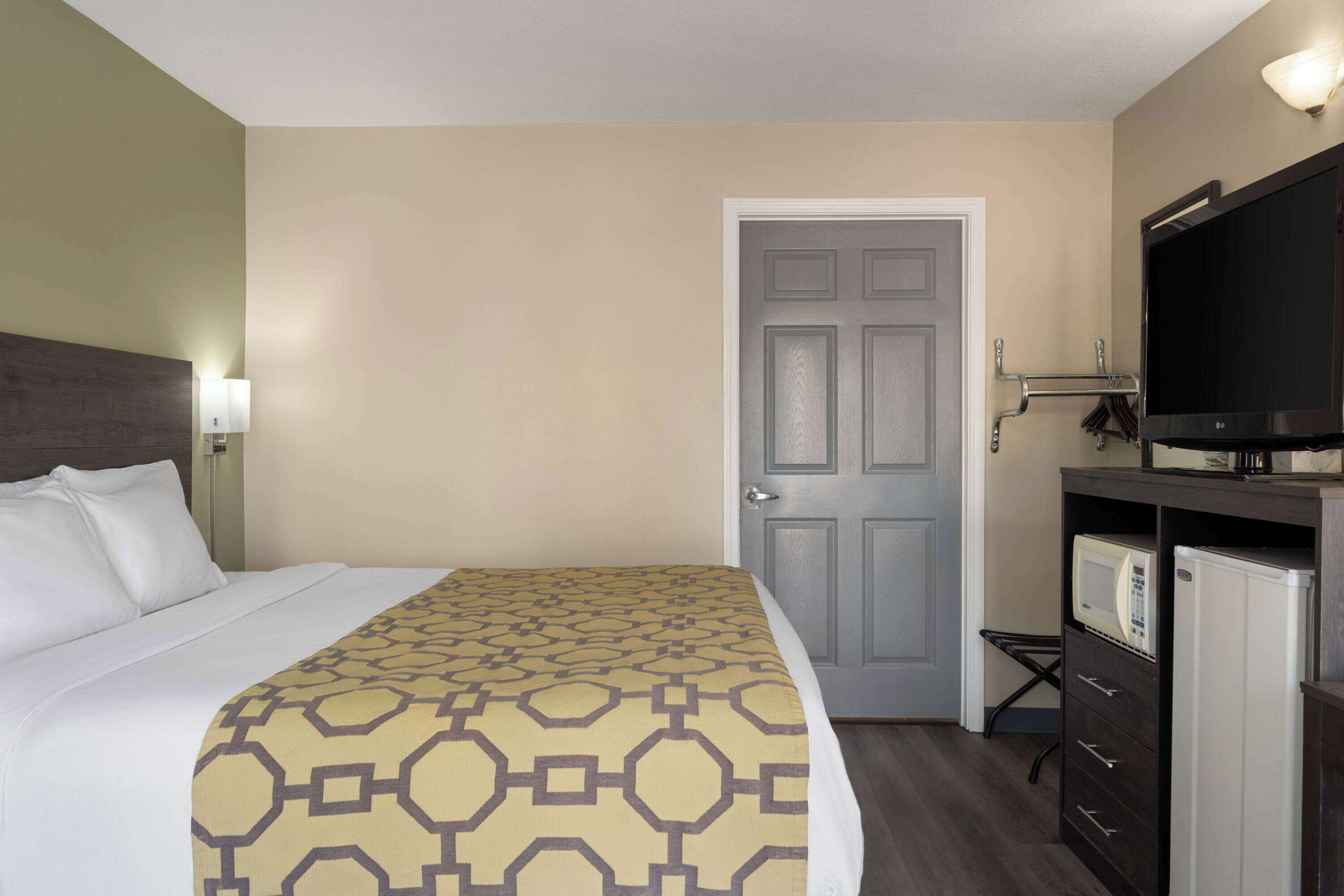 A hotel room with a bed, a television, a microwave, and a small refrigerator.