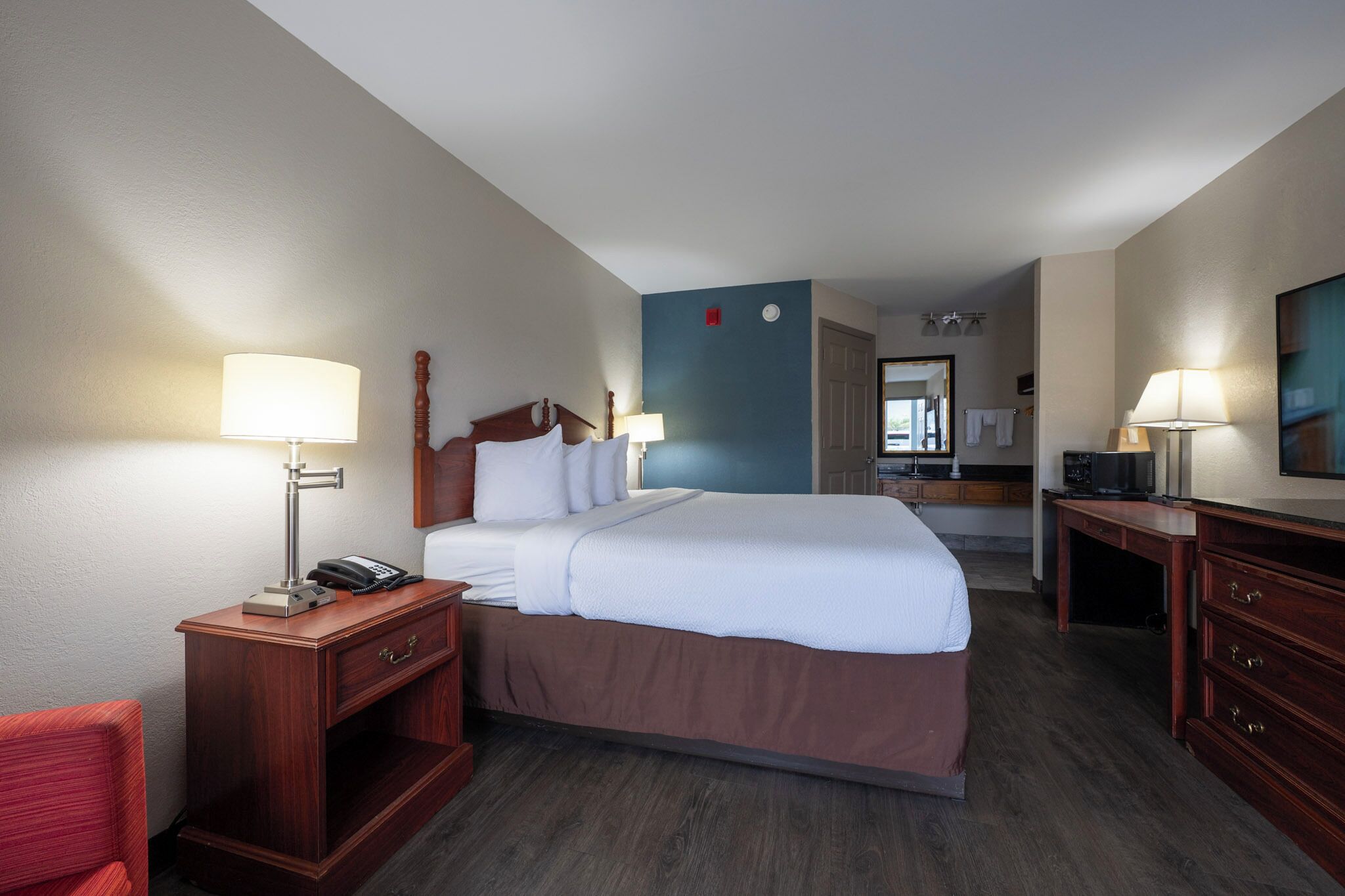 Desk, blackout drapes, soundproofing, iron/ironing board