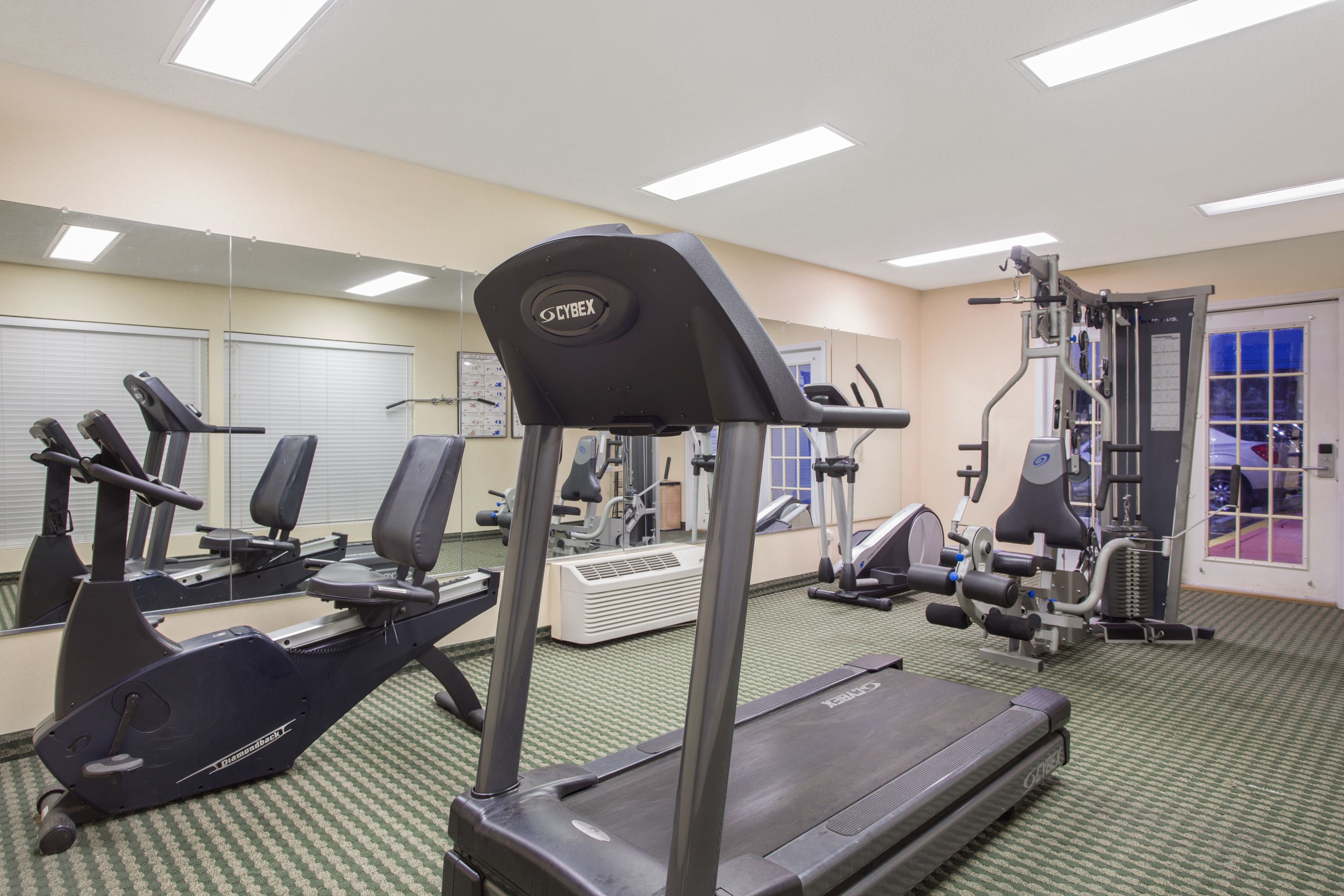 A gym with treadmills, stationary bikes, and weight machines.