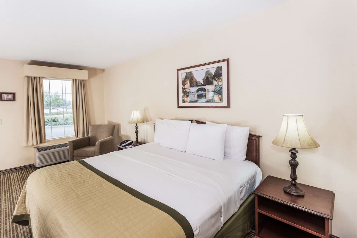 A hotel room with a bed, a chair, a desk with a lamp, a picture on the wall, and a window with curtains.