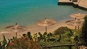 Un resort costero con aguas azules cristalinas, un área de piscina con sombrillas y cactus en primer plano.