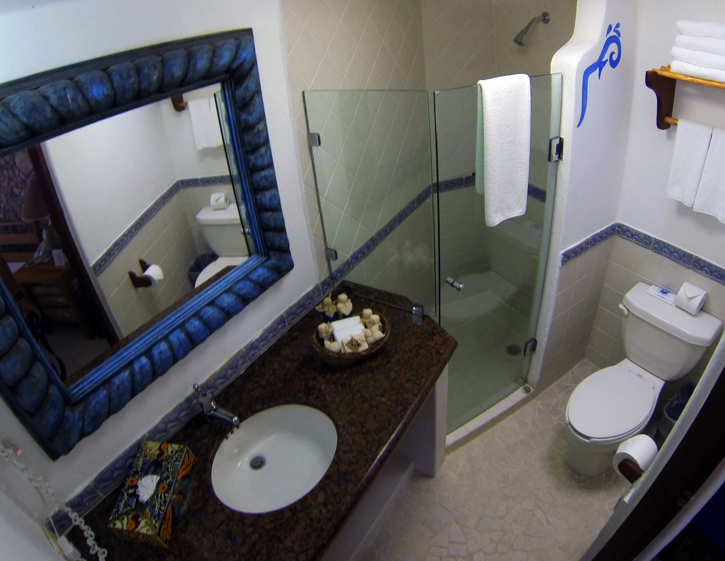 Un baño con ducha envuelta en vidrio, un lavabo con espejo decorativo y un inodoro con toallero.