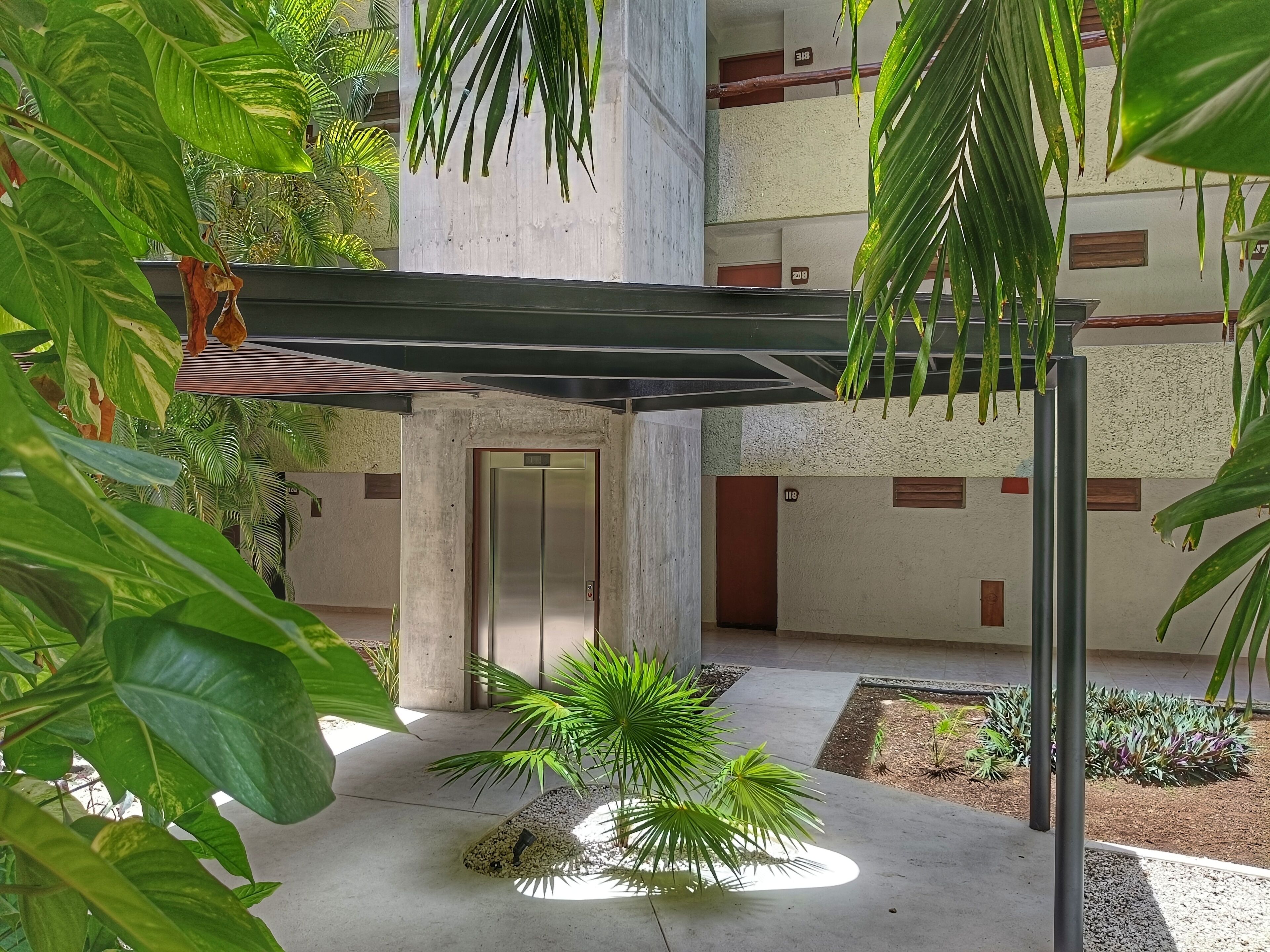 A courtyard with a concrete elevator, surrounded by various plants and a pergola.