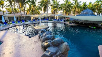 Outdoor pool, pool umbrellas, pool loungers