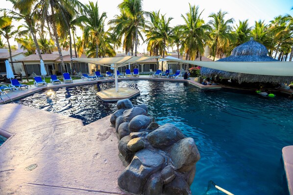 Outdoor pool, pool umbrellas, pool loungers
