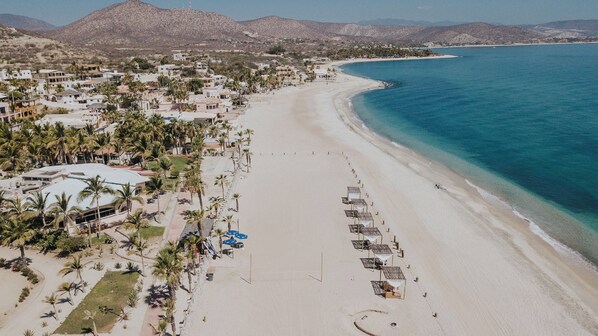 On the beach, white sand, free beach cabanas, kayaking