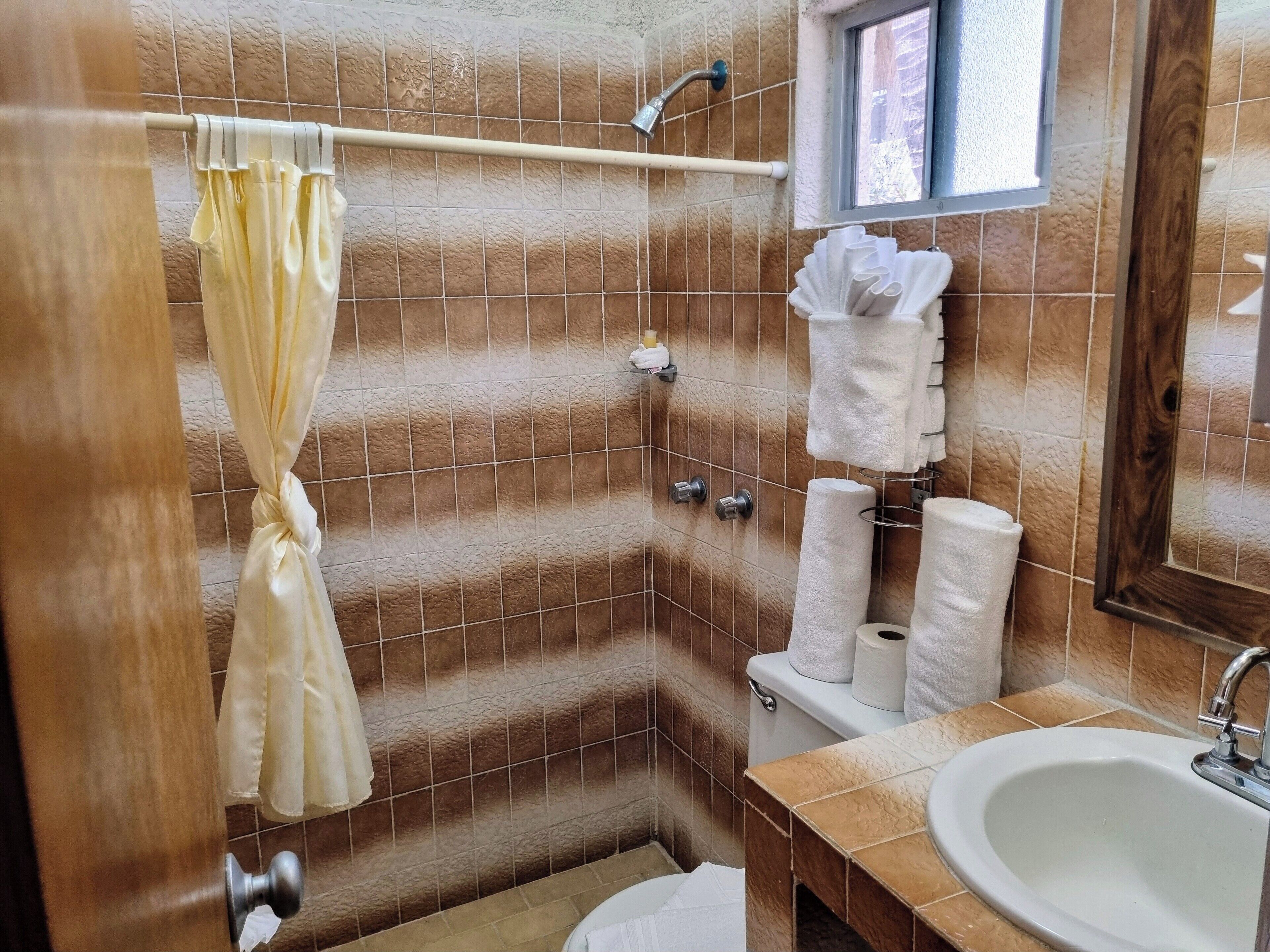 Un baño con cortina de ducha, inodoro, lavabo y espejo.