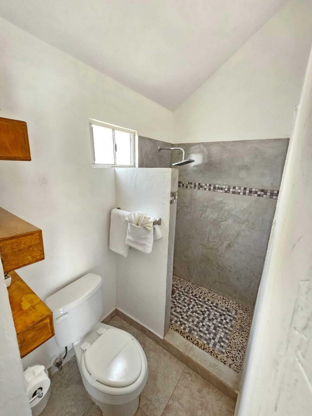 A bathroom with a toilet, a shower with a tiled wall, and a small window above the toilet.