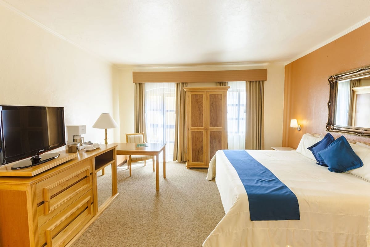 Une chambre d’hôtel comprenant un lit, un bureau avec une télévision, une chaise, une armoire et une fenêtre avec des rideaux.