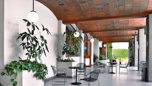 Zona d'un pati interior amb taules i cadires, plantes en testos i un sostre de rajol.