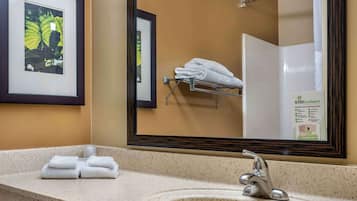 Combined shower/bathtub, free toiletries, hair dryer, towels