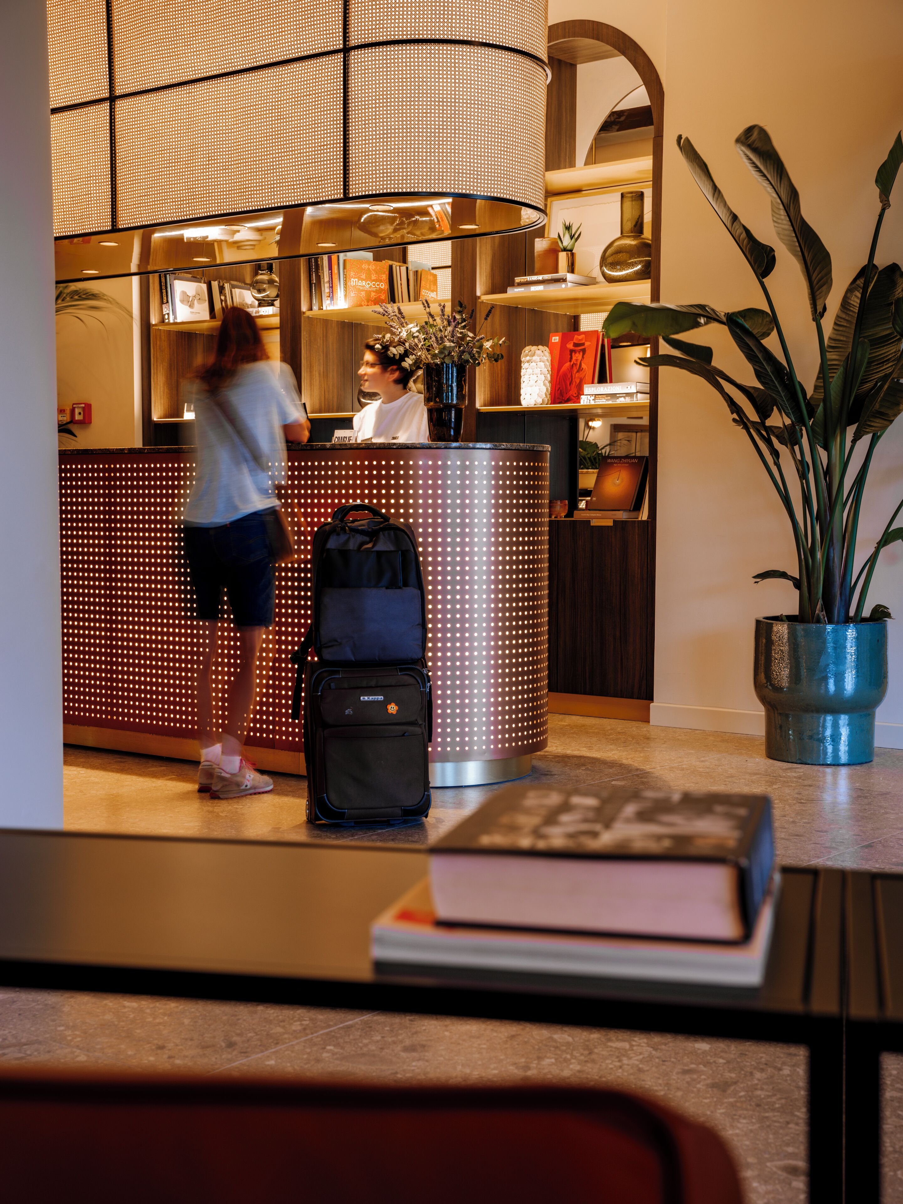 Un espace d’accueil au design moderne, comprenant un comptoir de réception, une plante en pot et des bagages des clients disposés à la vue de tous.