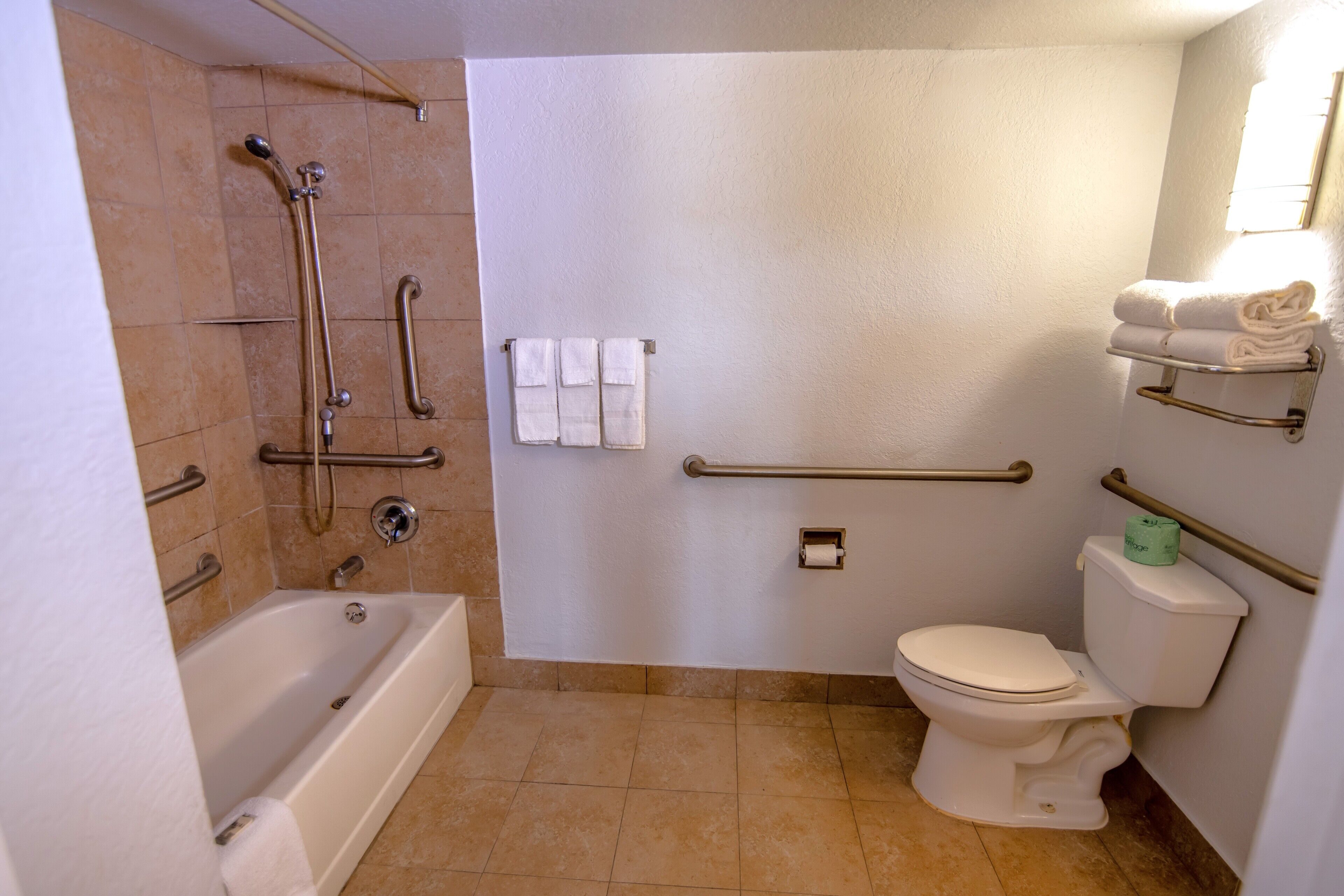 A bathroom with a bathtub, toilet, and shower with grab bars.