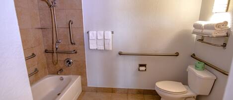 A bathroom with a bathtub, toilet, and shower with grab bars.