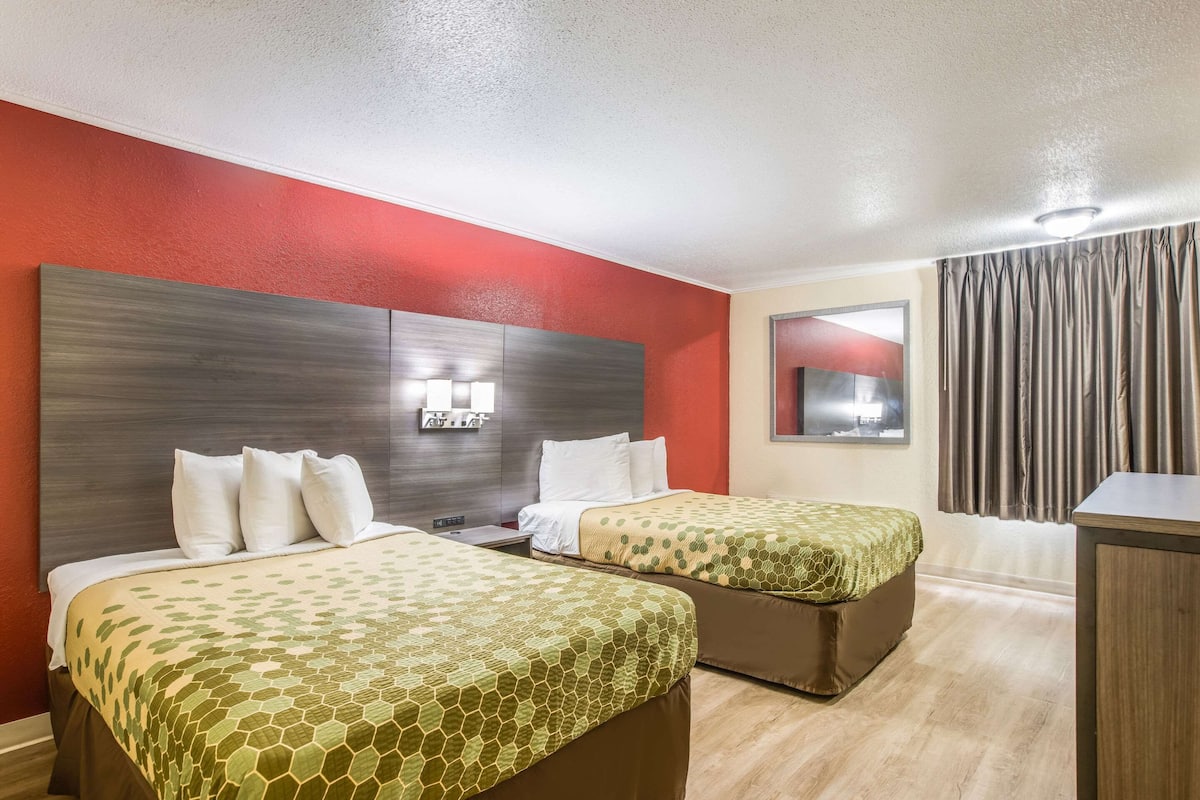 Une chambre d’hôtel avec deux lits, un grand miroir, un bureau et un mur d’accent de couleur rouge.