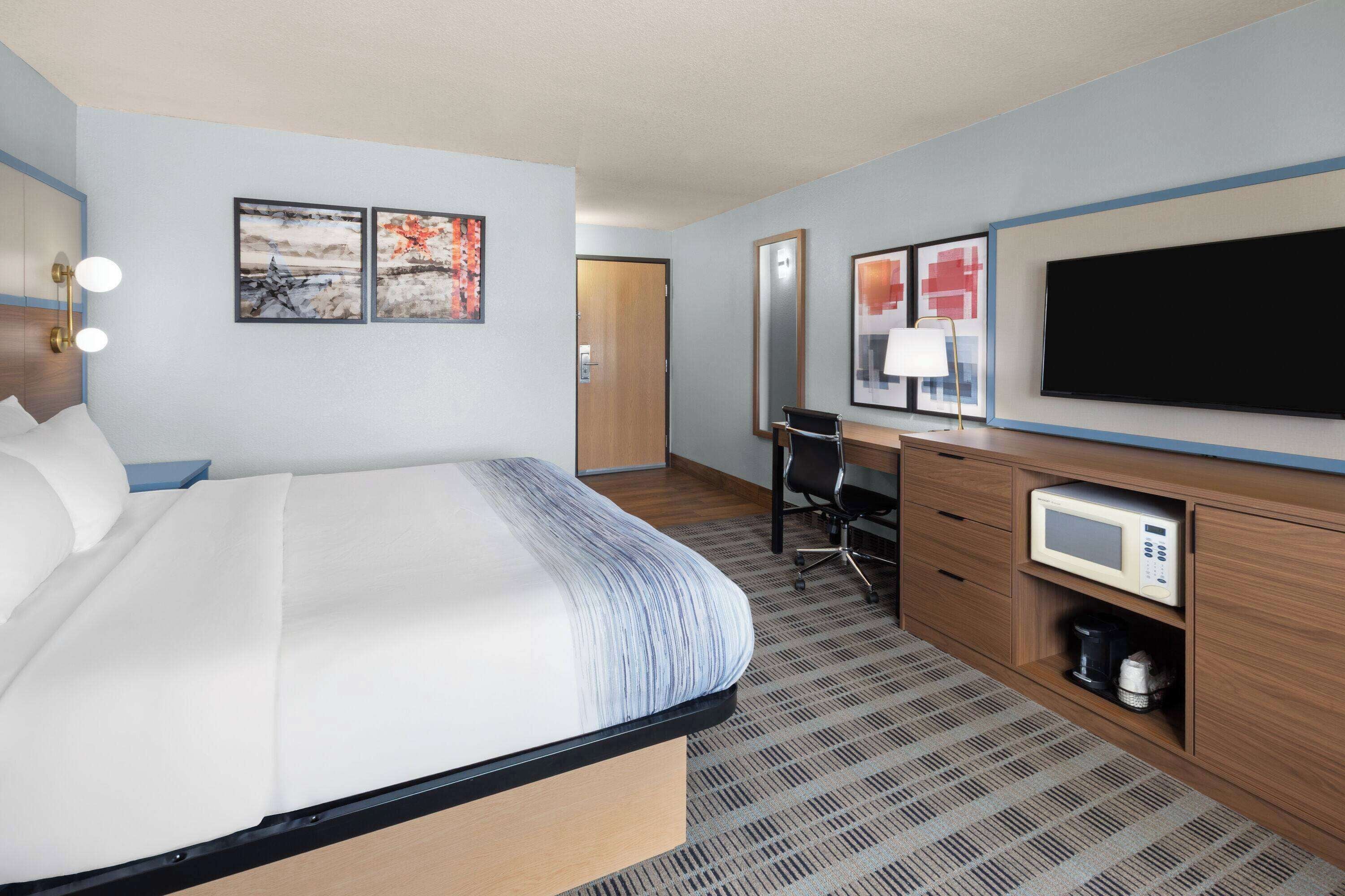 A hotel room with a bed, desk, chair, TV, and microwave.