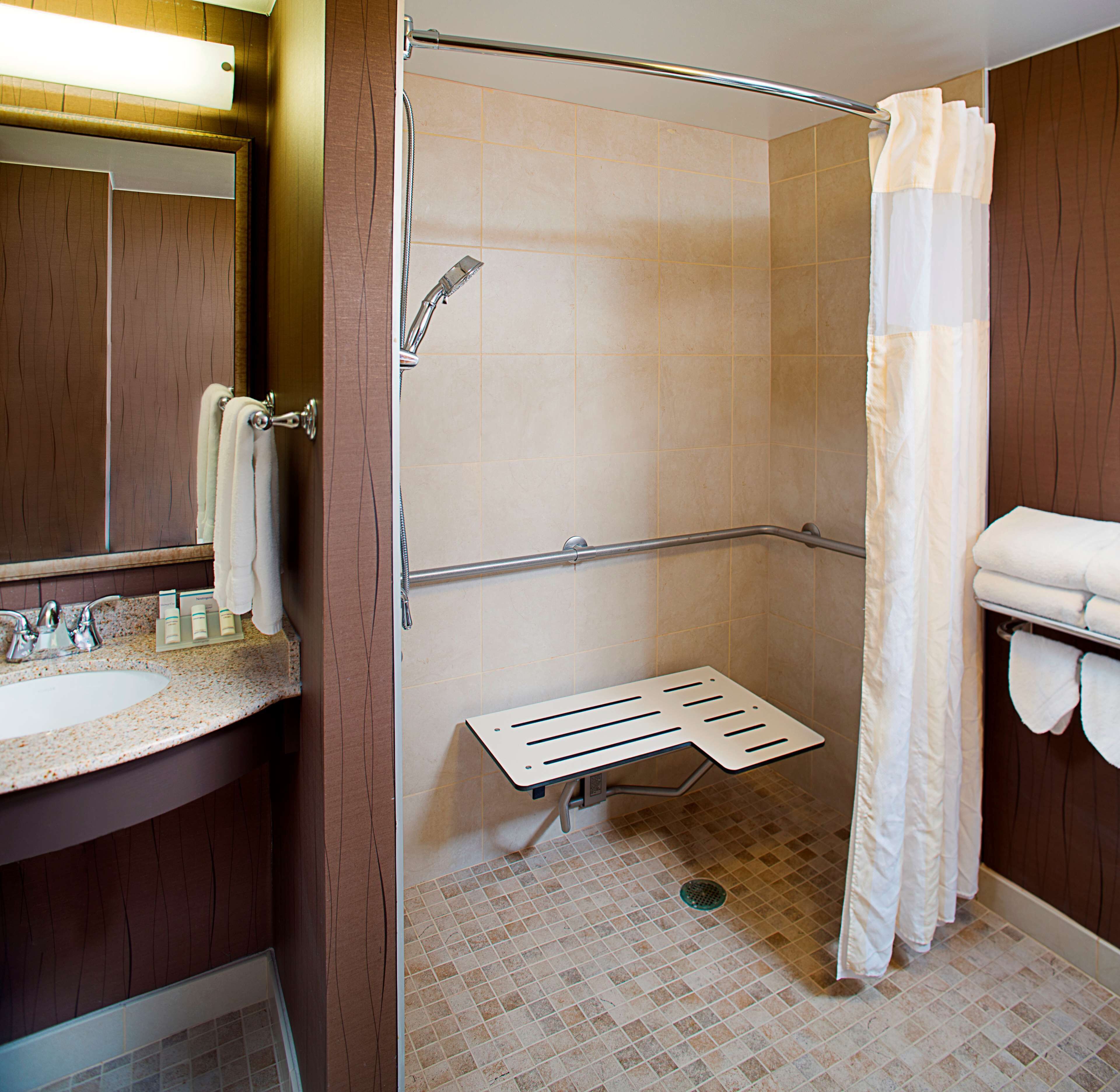 combined shower/bathtub, free toiletries, hair dryer, towels
