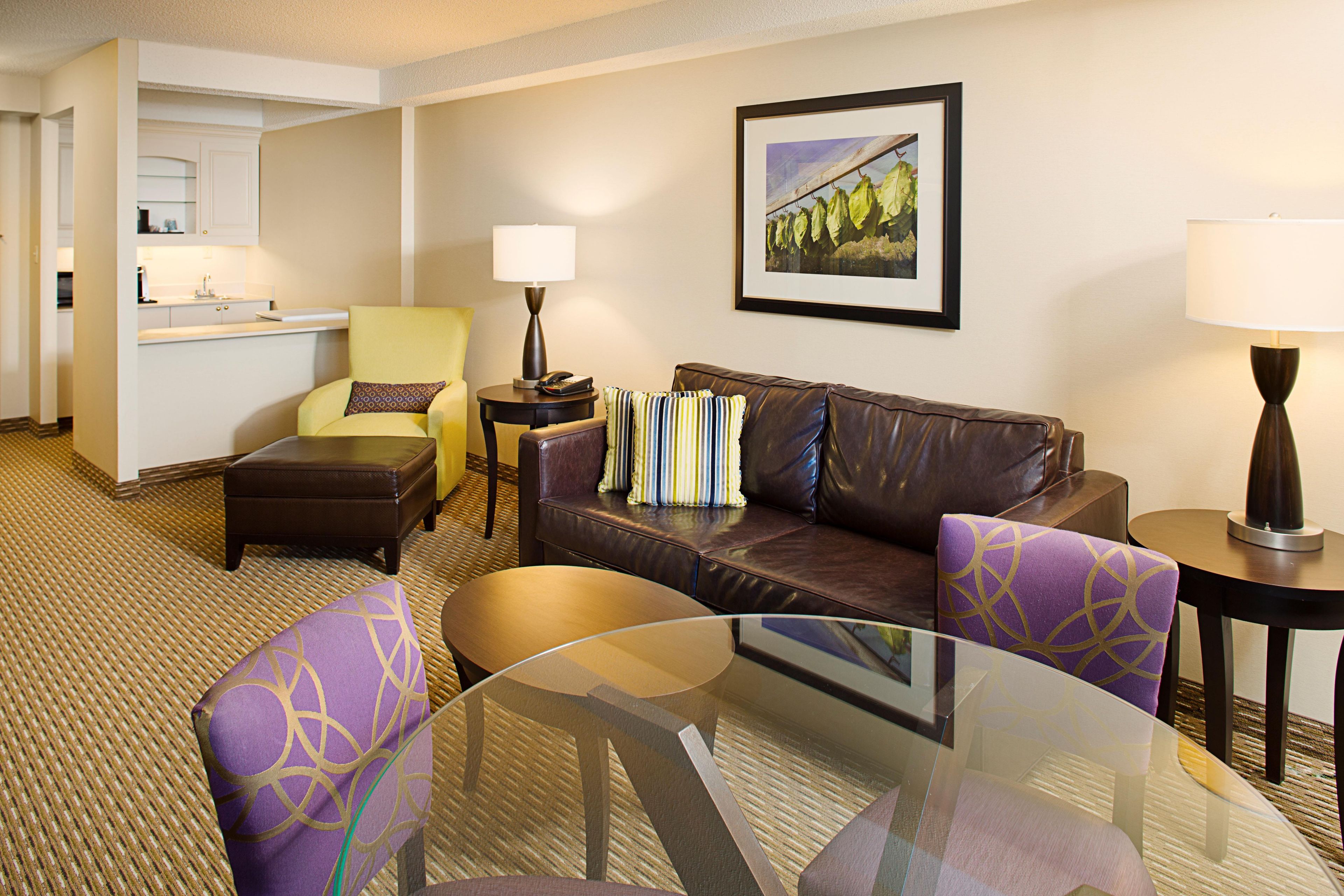 A hotel room with a living area, a dining table, a sofa, a chair, a small table with a lamp, a framed picture on the wall, and a kitchenette in the background.