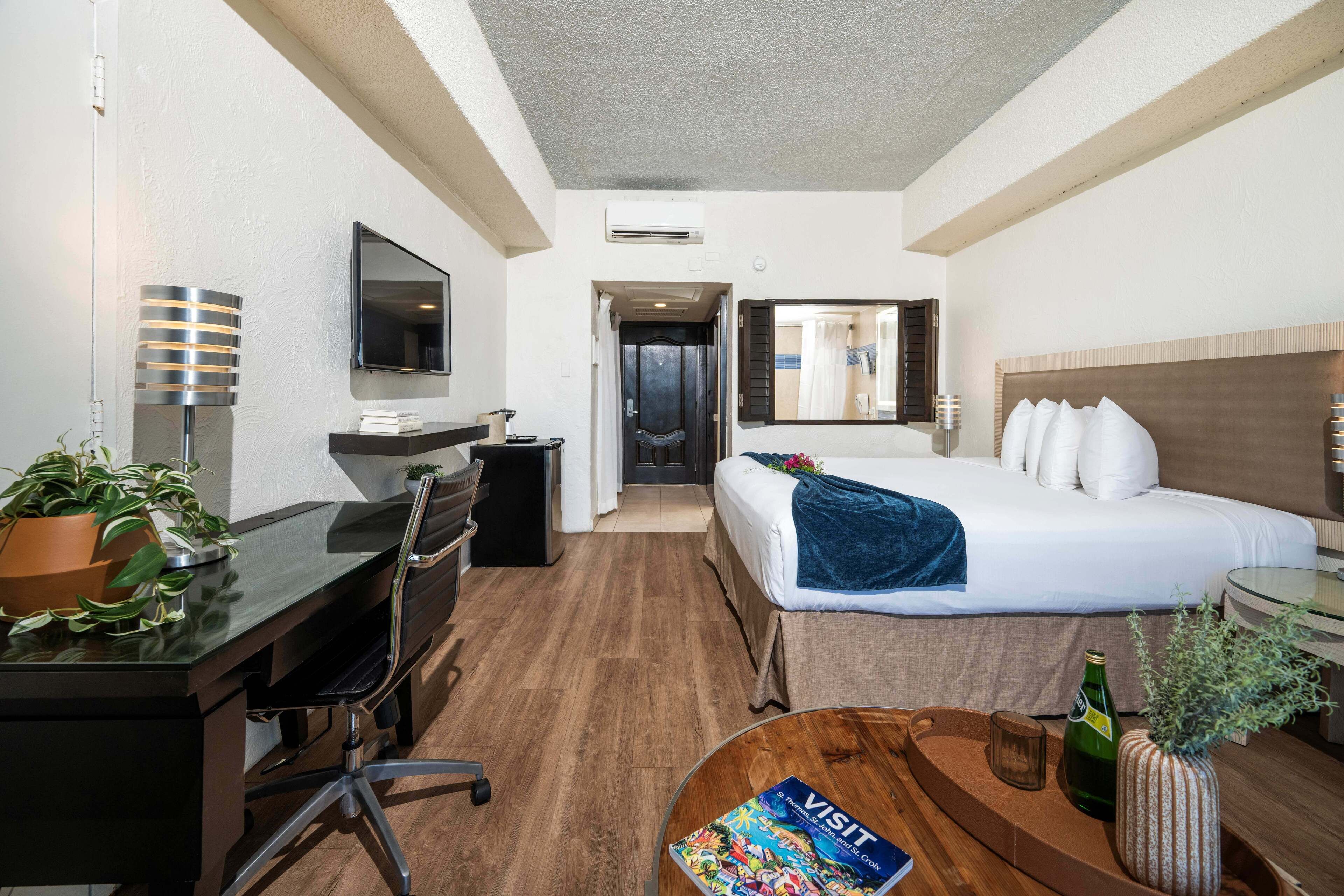 Habitación de hotel con cama, escritorio, silla, televisor y planta en maceta.