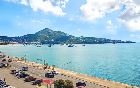 A coastal road with parked cars, a marina with boats, and a mountain in the background.