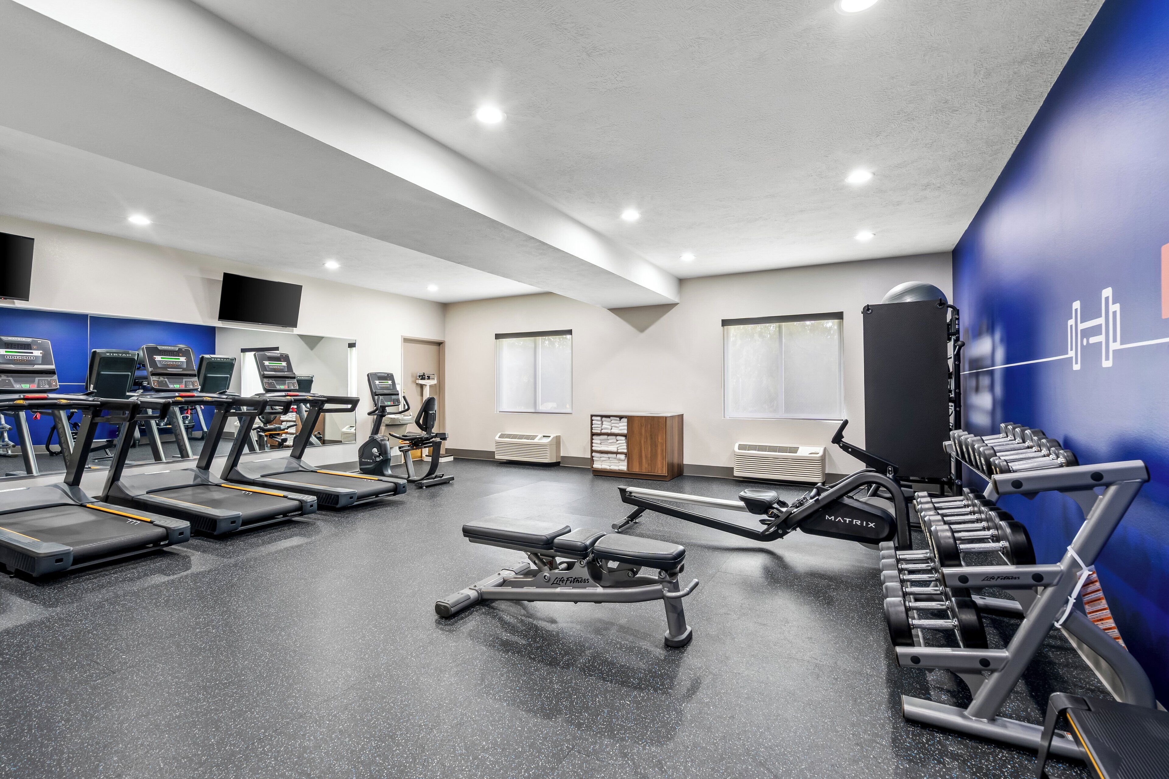 Una palestra con tapis roulant, macchinari per allenamento e manubri.