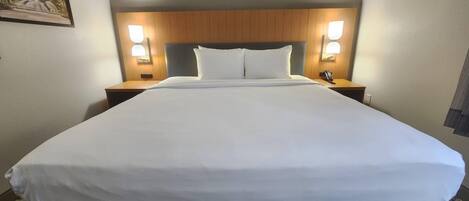 Una habitación de hotel con una cama grande, dos lámparas de noche, un cabecero de madera y un cuadro en la pared.