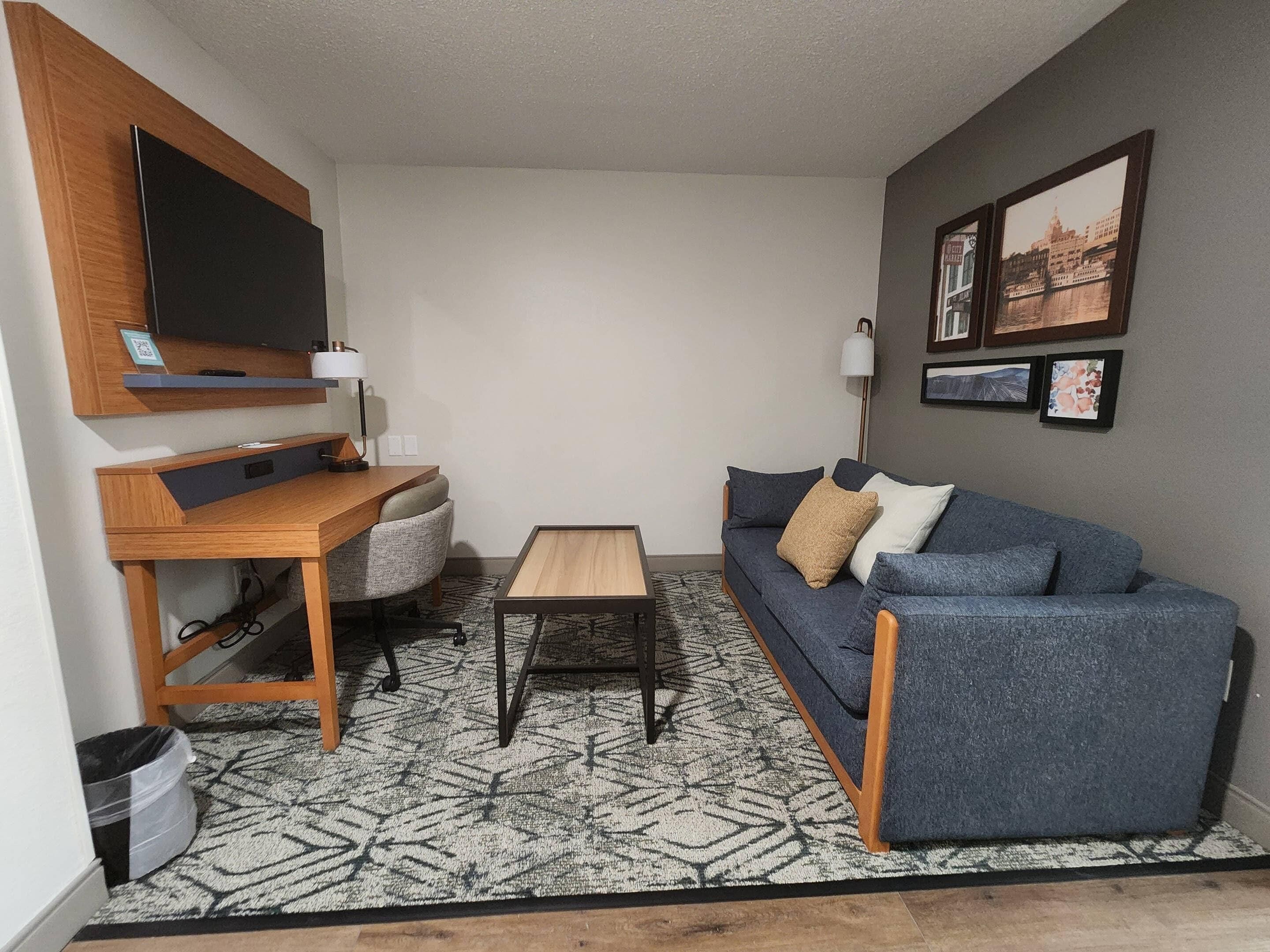 Premium bedding, pillowtop beds, desk, blackout drapes