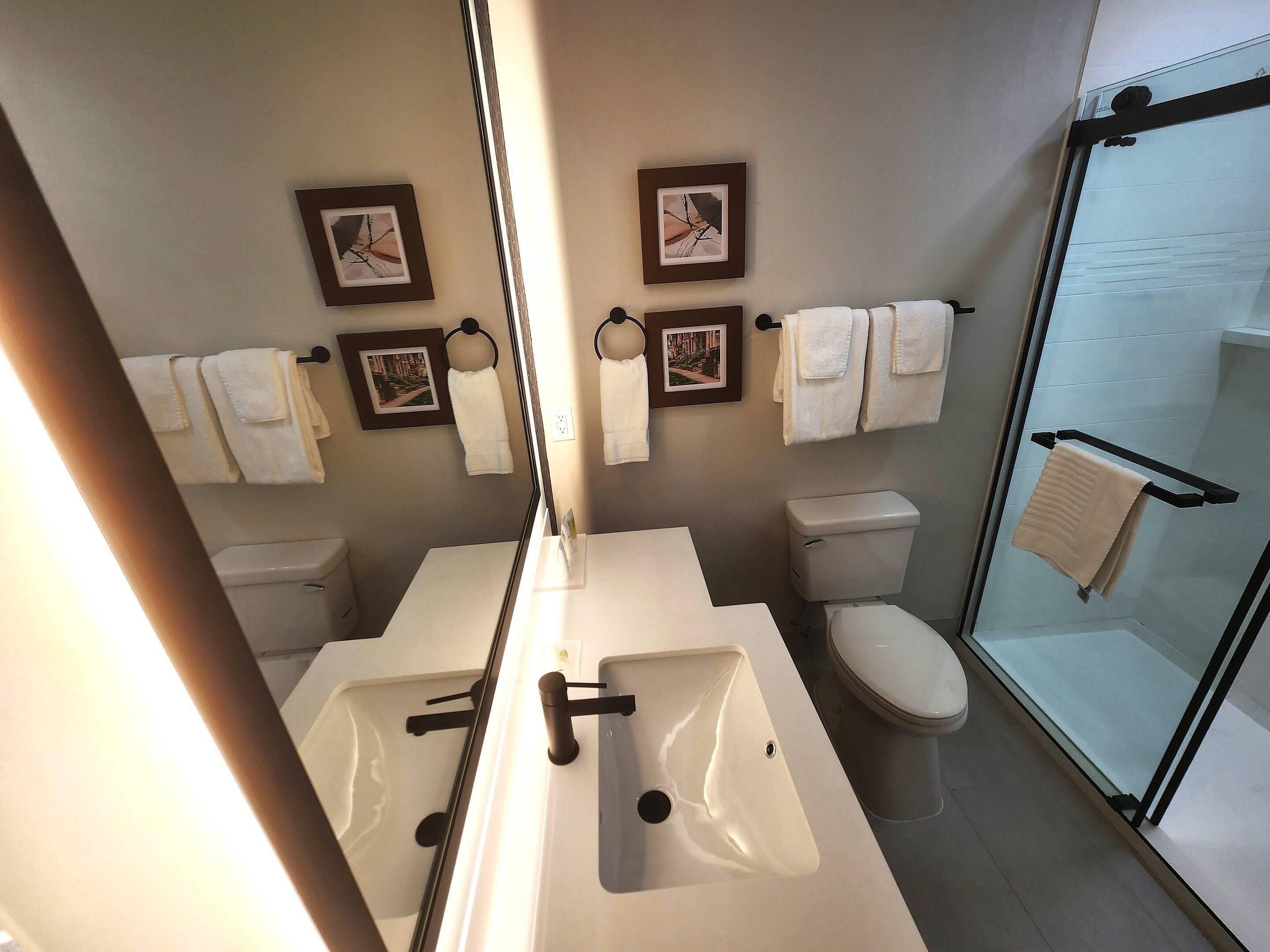 A modern bathroom with a large mirror, two sinks, a toilet, and a glass shower enclosure.