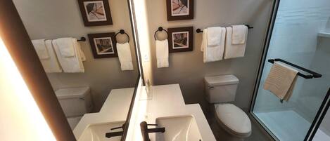 A modern bathroom with a large mirror, two sinks, a toilet, and a glass shower enclosure.