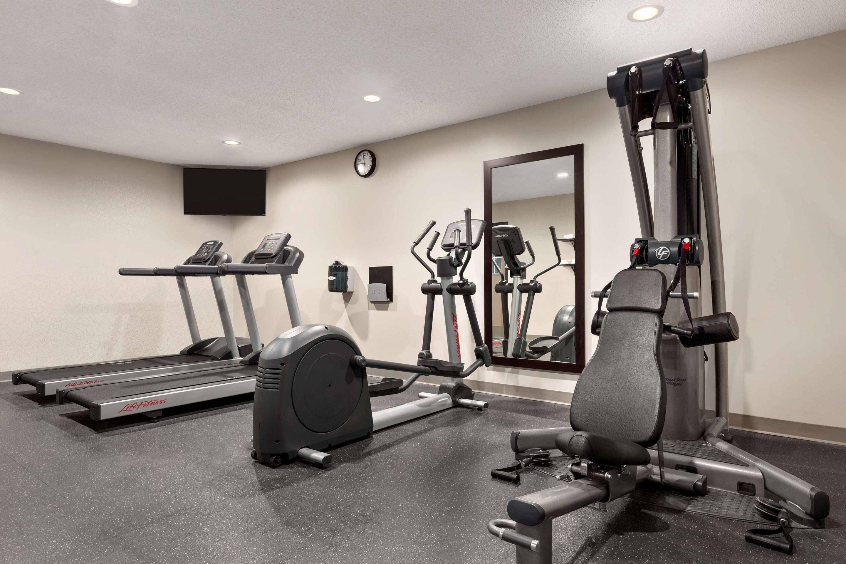 Un gimnasio con cintas de correr, elípticas y máquinas de pesas.
