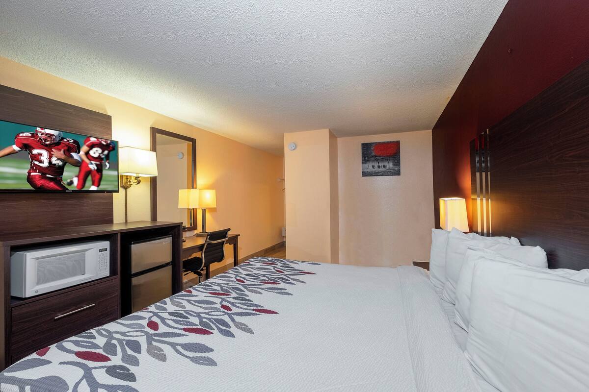 A hotel room with a bed, a TV, a desk, and a microwave.