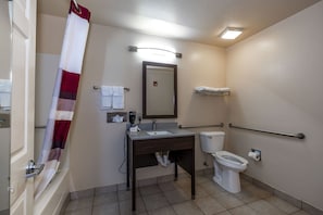 A bathroom with a sink, mirror, toilet, and shower curtain. - Red Roof Inn Valdosta - University (Valdosta)
