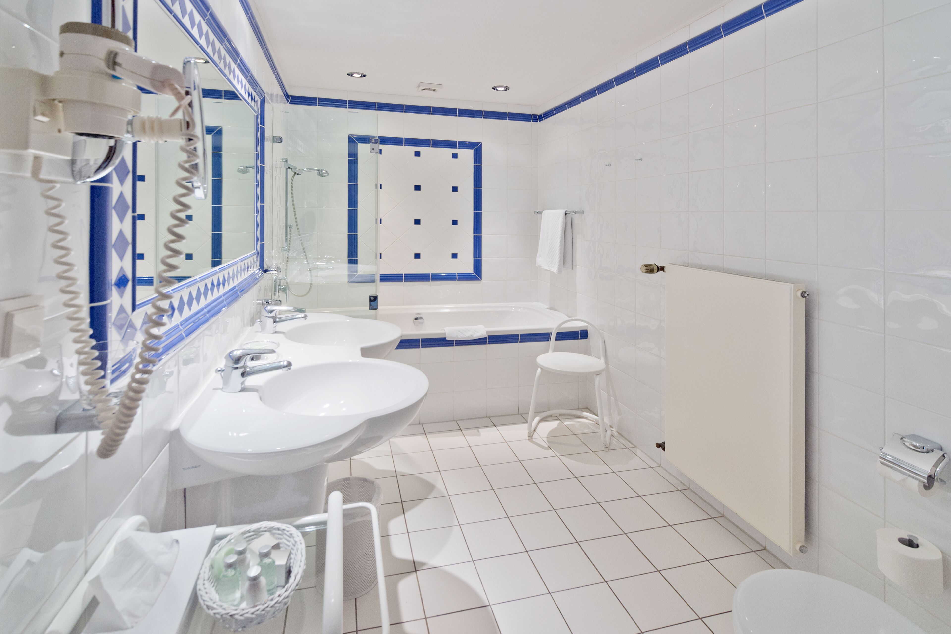 free toiletries, hair dryer, towels, soap