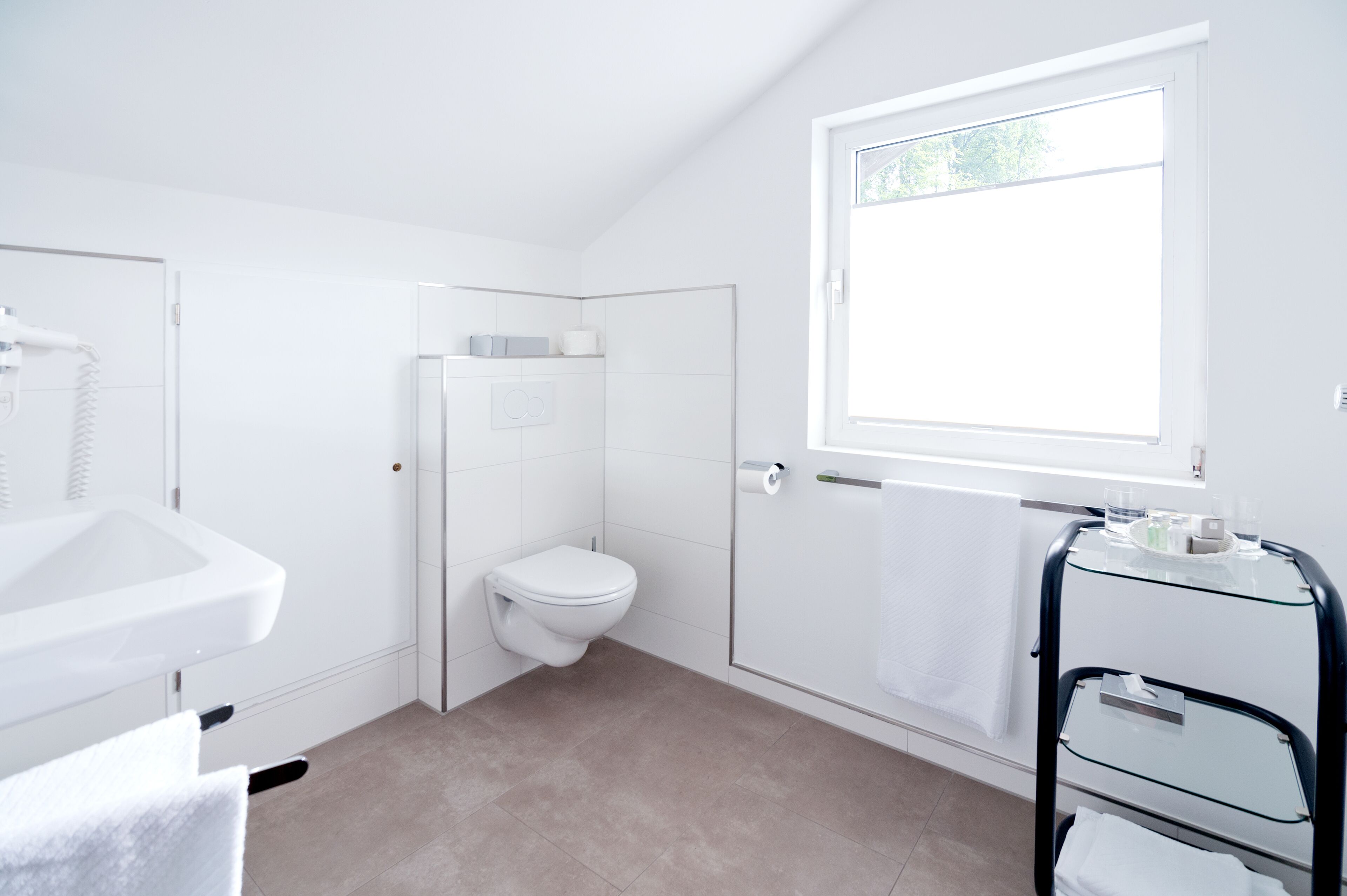 A modern bathroom with a toilet, sink, and glass shower enclosure.