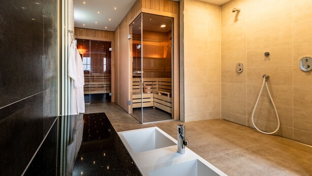 A modern bathroom with a large white sink, a walk-in shower, and a sauna. - AKZENT Hotel Frankenberg (Frankenberg)