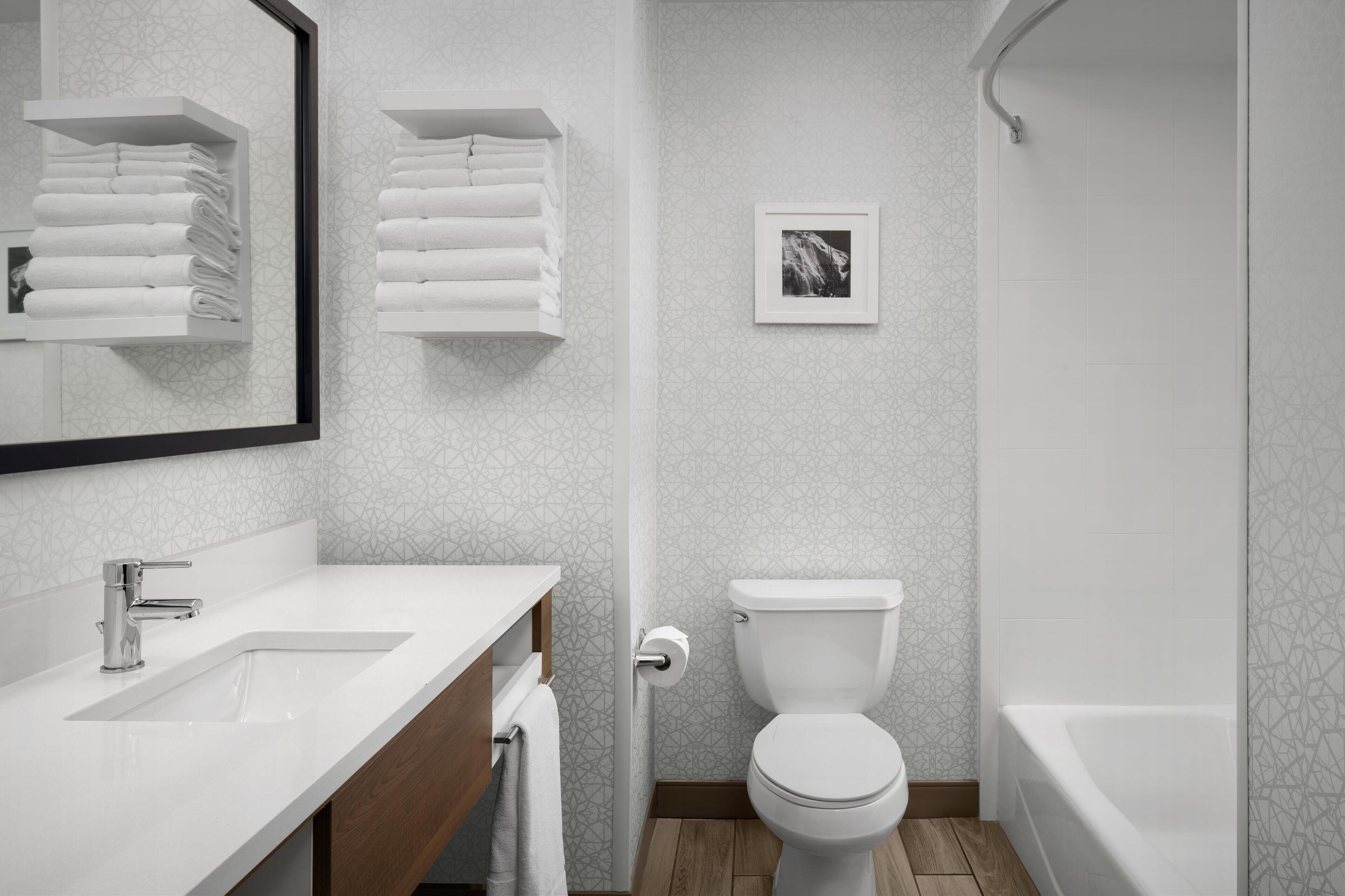 combined shower/bathtub, free toiletries, hair dryer, towels