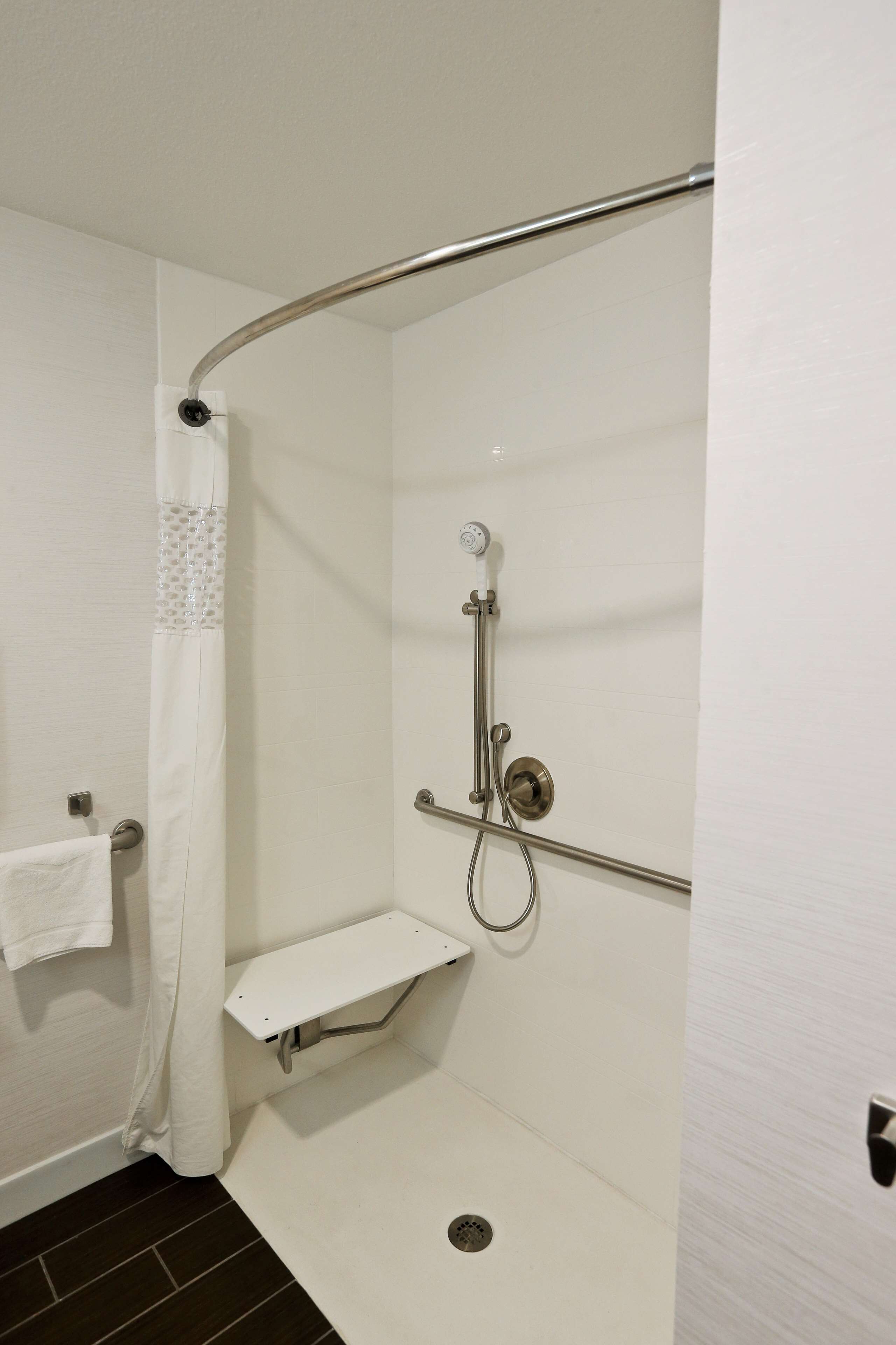 room, 1 king bed, accessible, non smoking (mobility & hearing, roll-in shower) | bathroom | free toiletries, hair dryer, towels