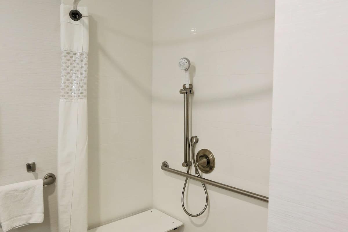 room, 1 king bed, accessible, non smoking (mobility & hearing, roll-in shower) | bathroom | free toiletries, hair dryer, towels