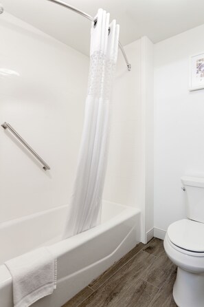 Une salle de bain moderne avec une baignoire, des toilettes et un rideau de douche.